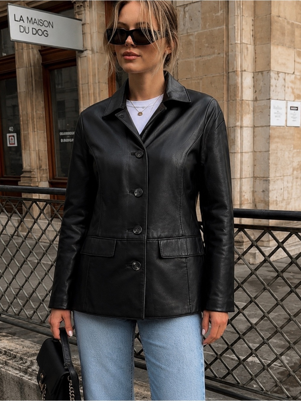 Vintage 90s Black Leather Car Coat Genuine Leather Minimalist Jacket Small
